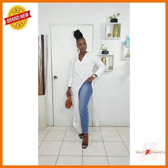 Long Sleeve Ruched V-Neck Tunic with Side Split High-Low Hem - Picture 6 of 8